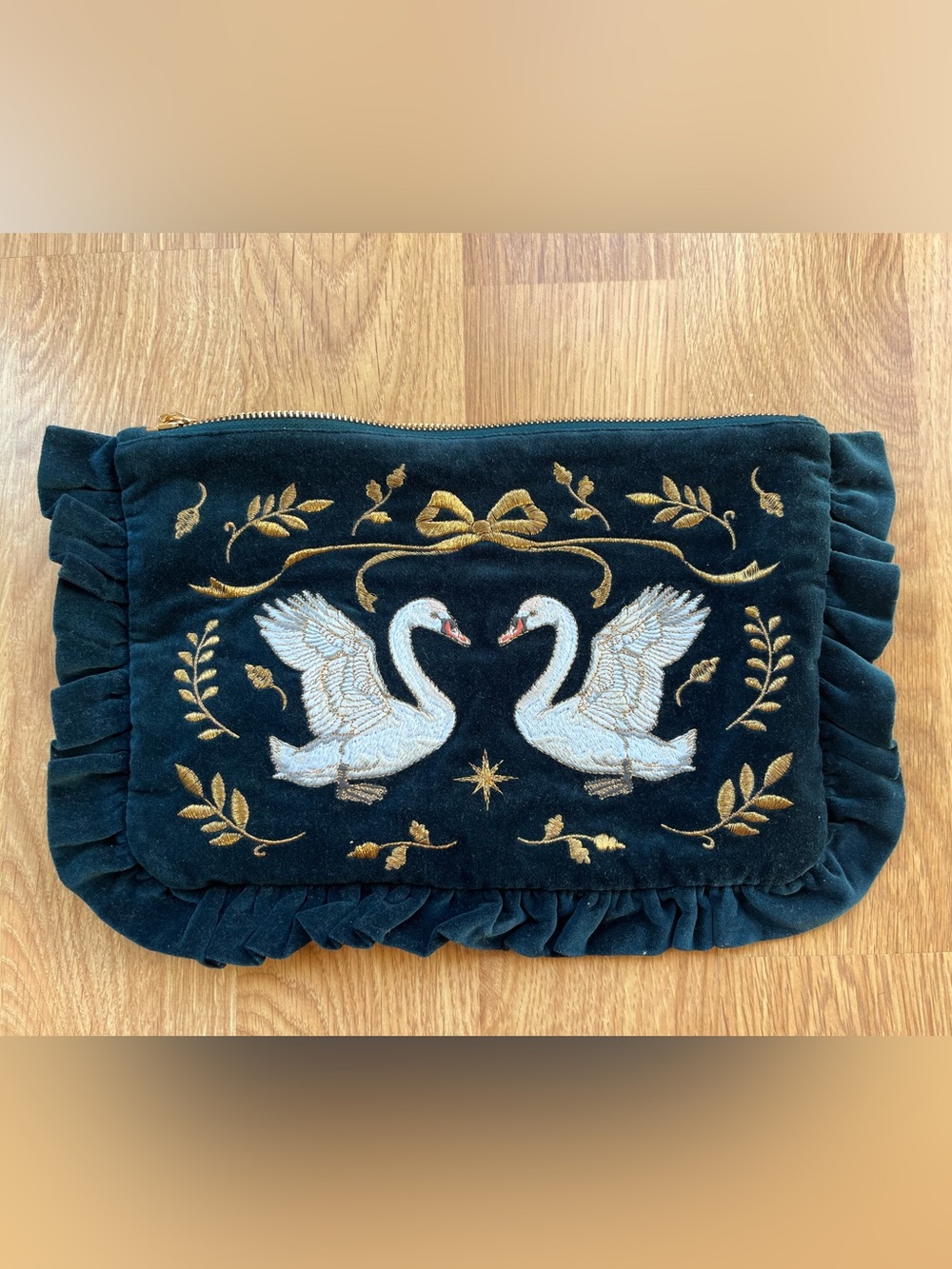 Elizabeth Scarlett Embroidered Swan Velvet Clutch/Makeup pouch
